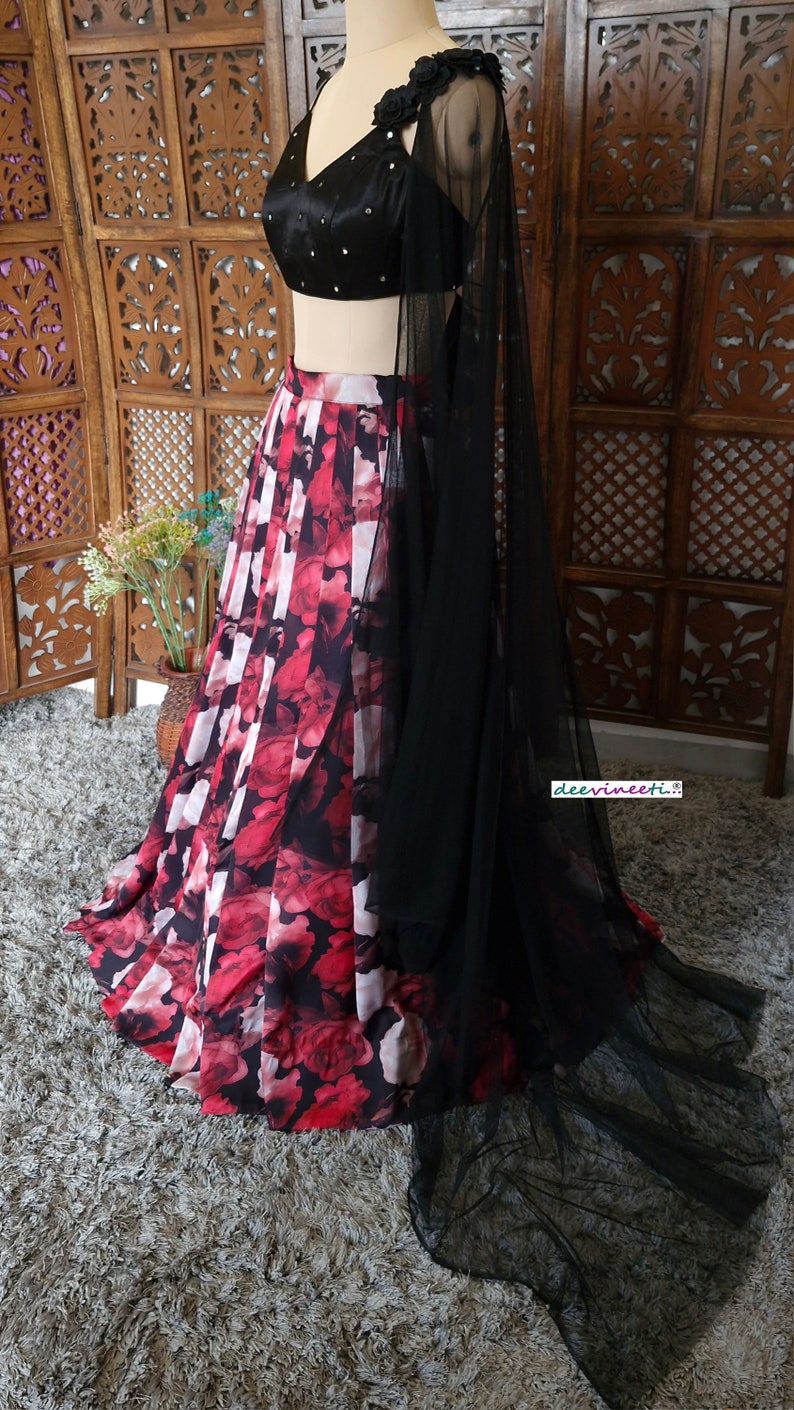 Red, Black Floral Printed Crepe Lehenga, Cape Dupatta DVMTD_0240