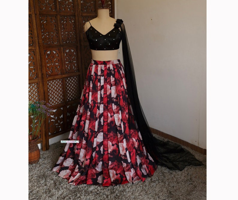 Red, Black Floral Printed Crepe Lehenga, Cape Dupatta DVMTD_0240