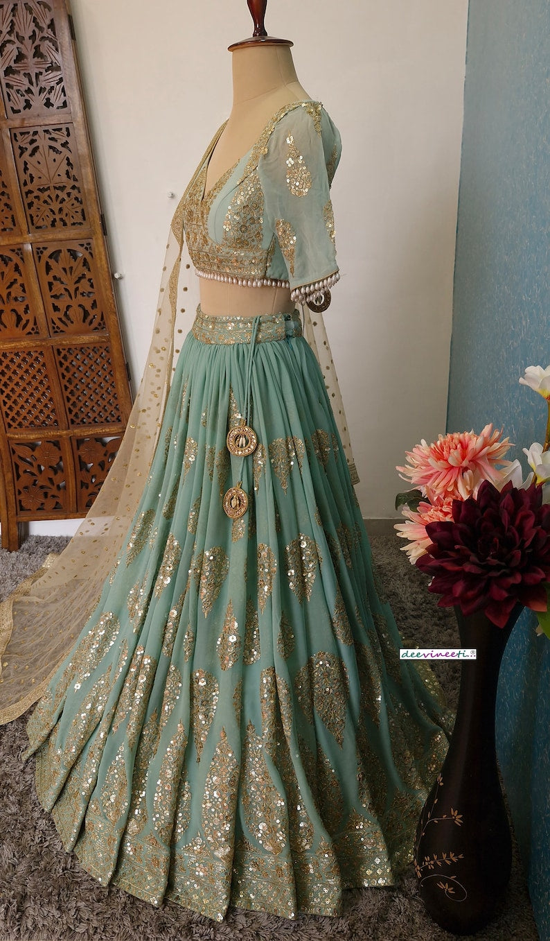 Sea Green Georgette Embroidered Fully Flared Lehenga DVMTD_0244
