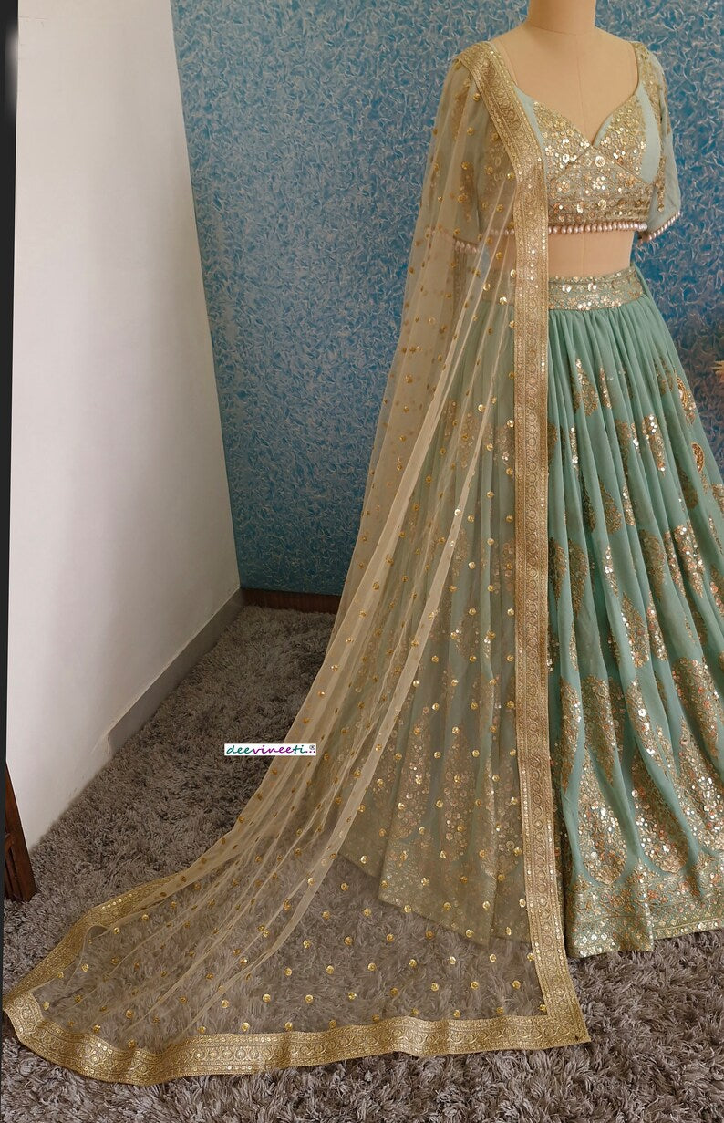 Sea Green Georgette Embroidered Fully Flared Lehenga DVMTD_0244