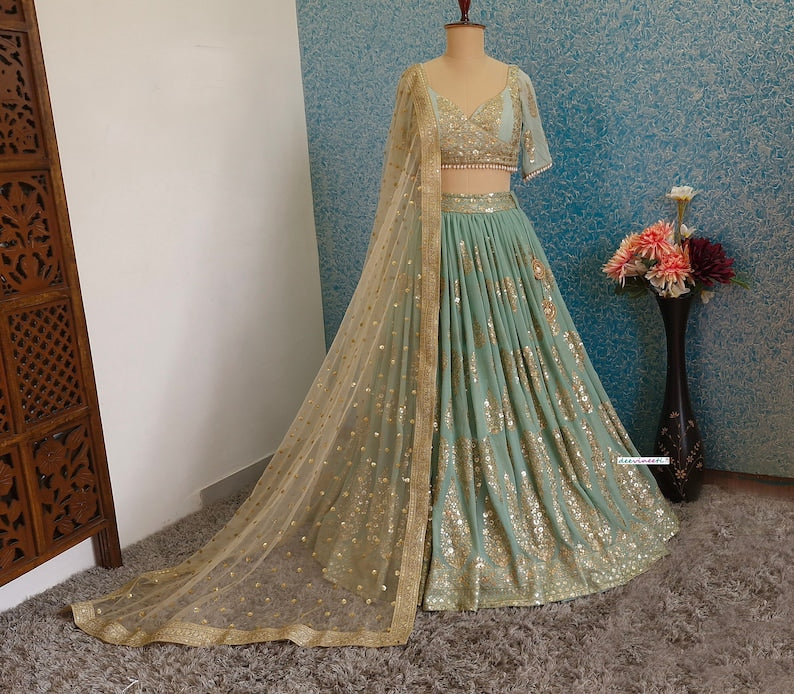 Sea Green Georgette Embroidered Fully Flared Lehenga DVMTD_0244