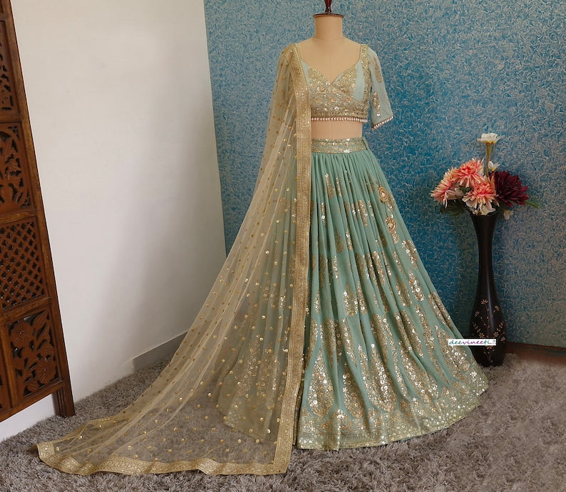 Sea Green Georgette Embroidered Fully Flared Lehenga DVMTD_0244
