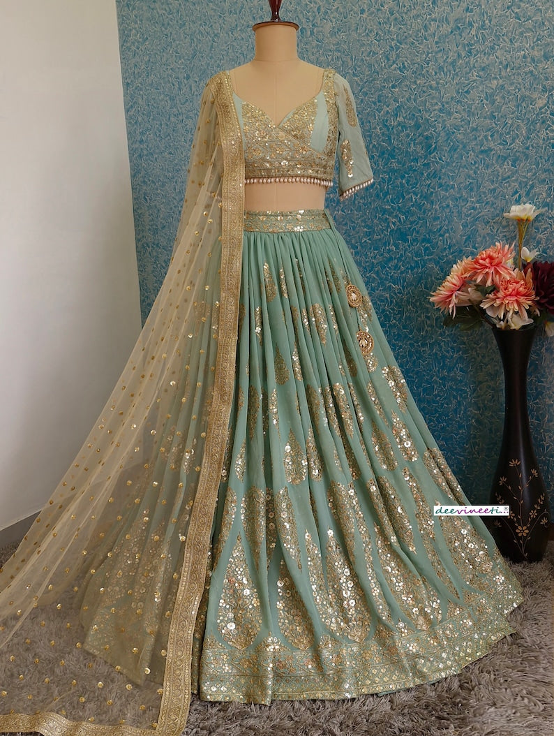 Sea Green Georgette Embroidered Fully Flared Lehenga DVMTD_0244