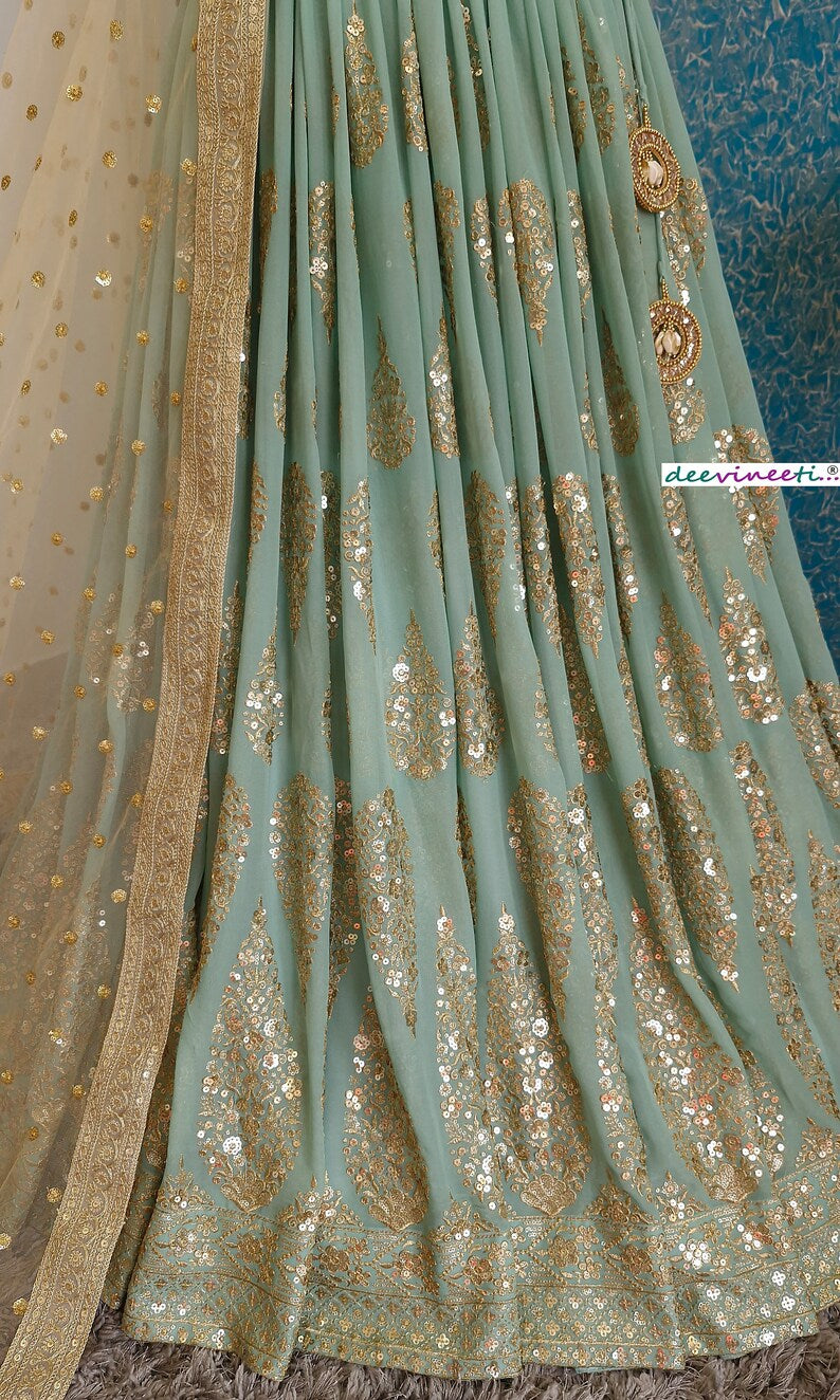 Sea Green Georgette Embroidered Fully Flared Lehenga DVMTD_0244
