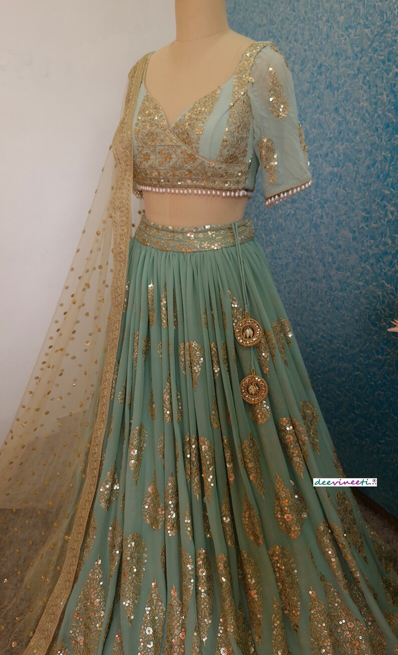 Sea Green Georgette Embroidered Fully Flared Lehenga DVMTD_0244