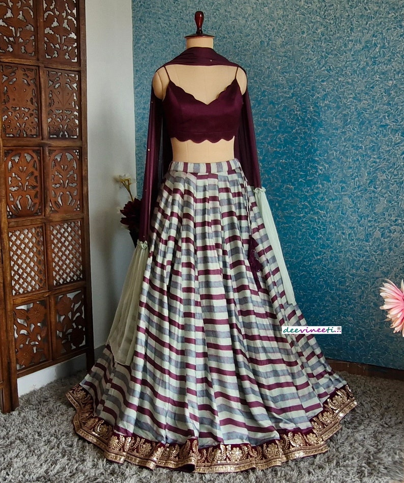 Blue, Wine Embroidered Striped Linen Satin Lehenga DVMTD_0246