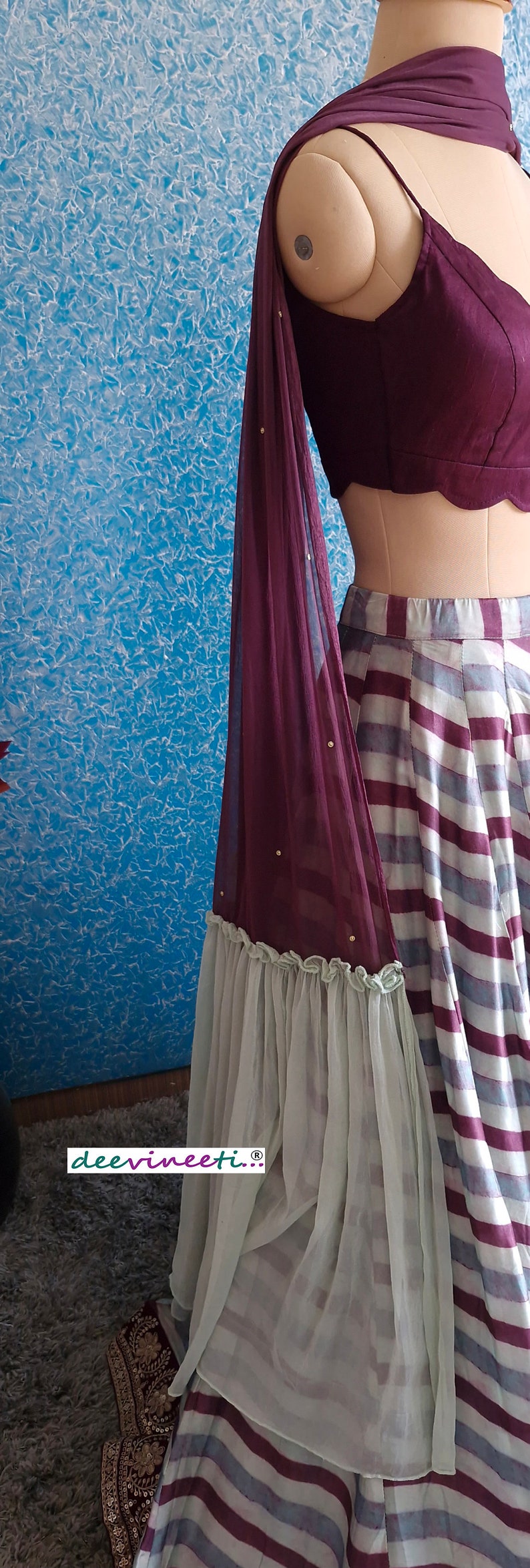 Blue, Wine Embroidered Striped Linen Satin Lehenga DVMTD_0246