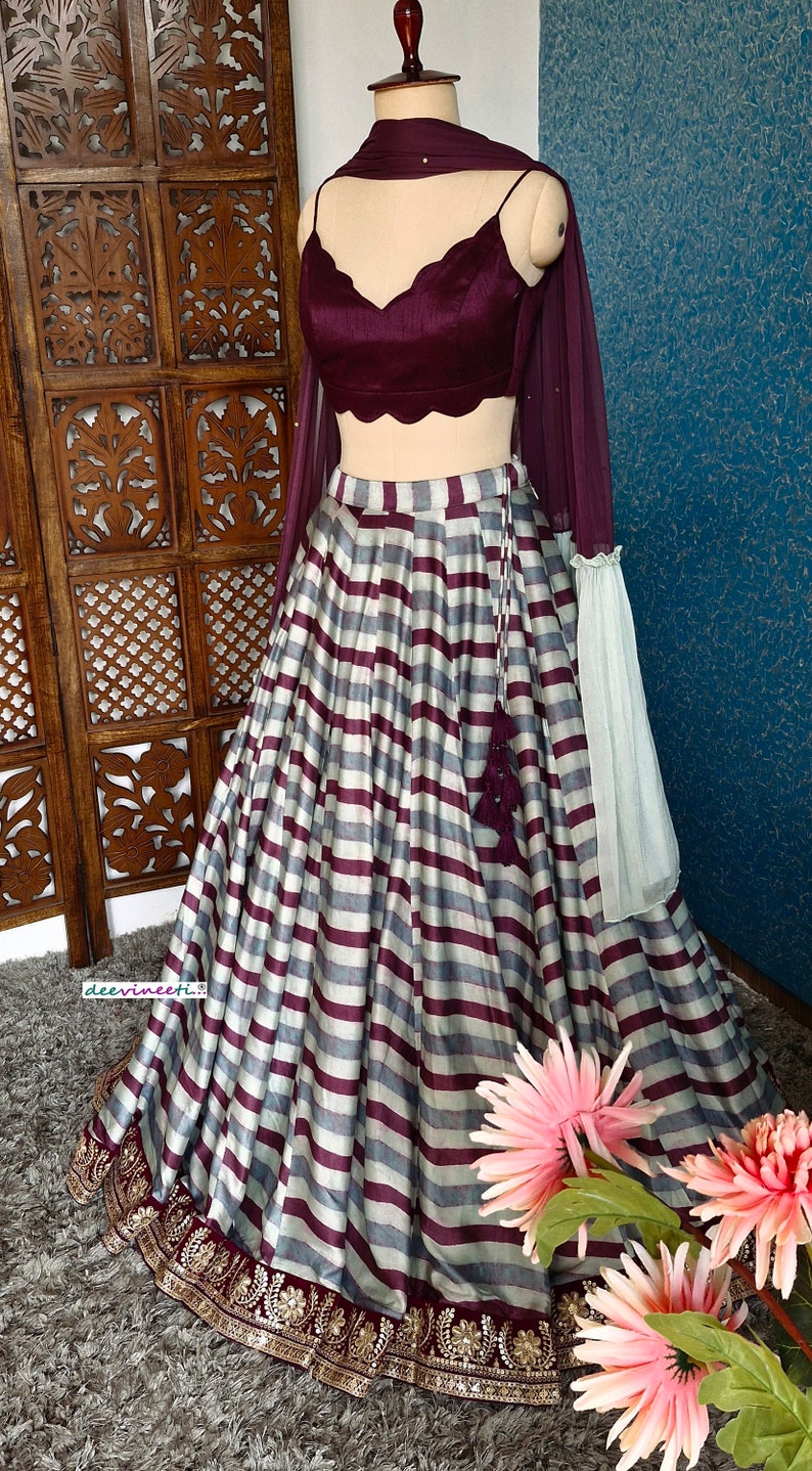 Blue, Wine Embroidered Striped Linen Satin Lehenga DVMTD_0246