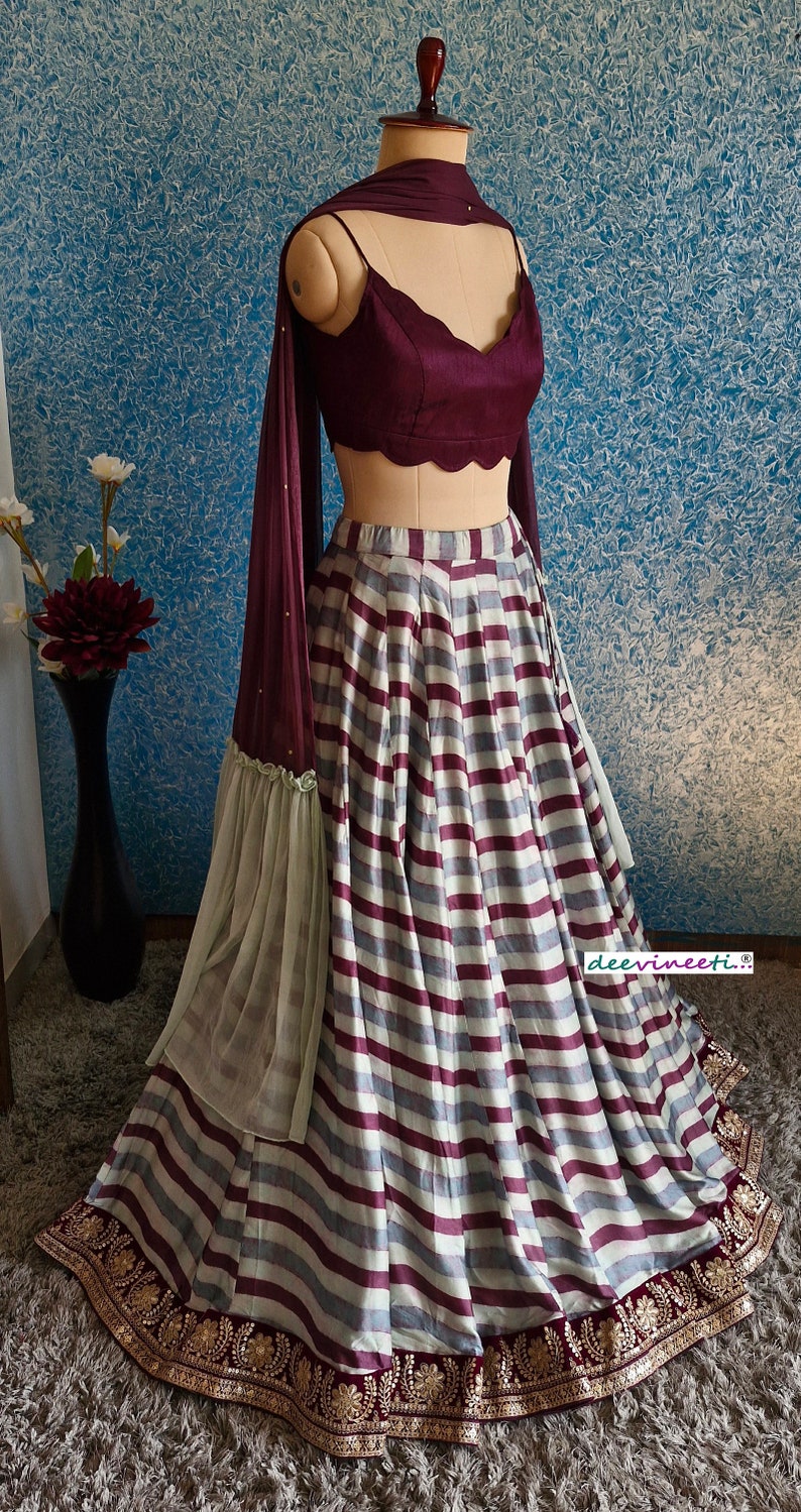 Blue, Wine Embroidered Striped Linen Satin Lehenga DVMTD_0246