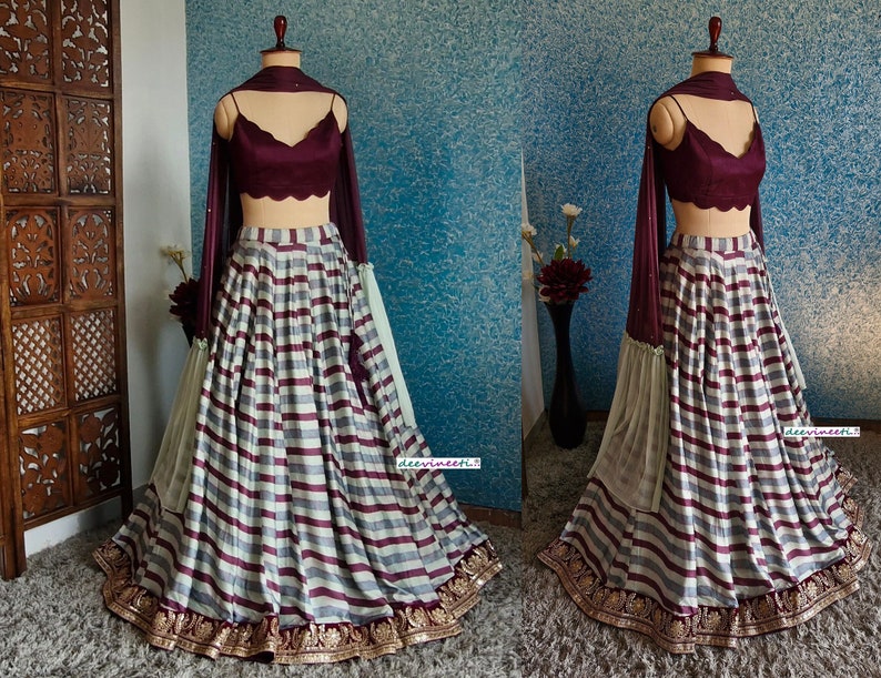 Blue, Wine Embroidered Striped Linen Satin Lehenga DVMTD_0246
