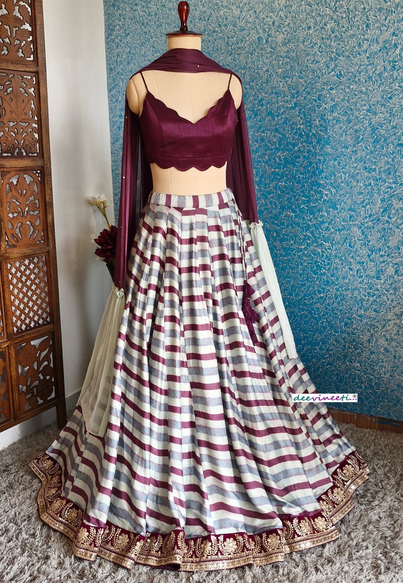Blue, Wine Embroidered Striped Linen Satin Lehenga DVMTD_0246