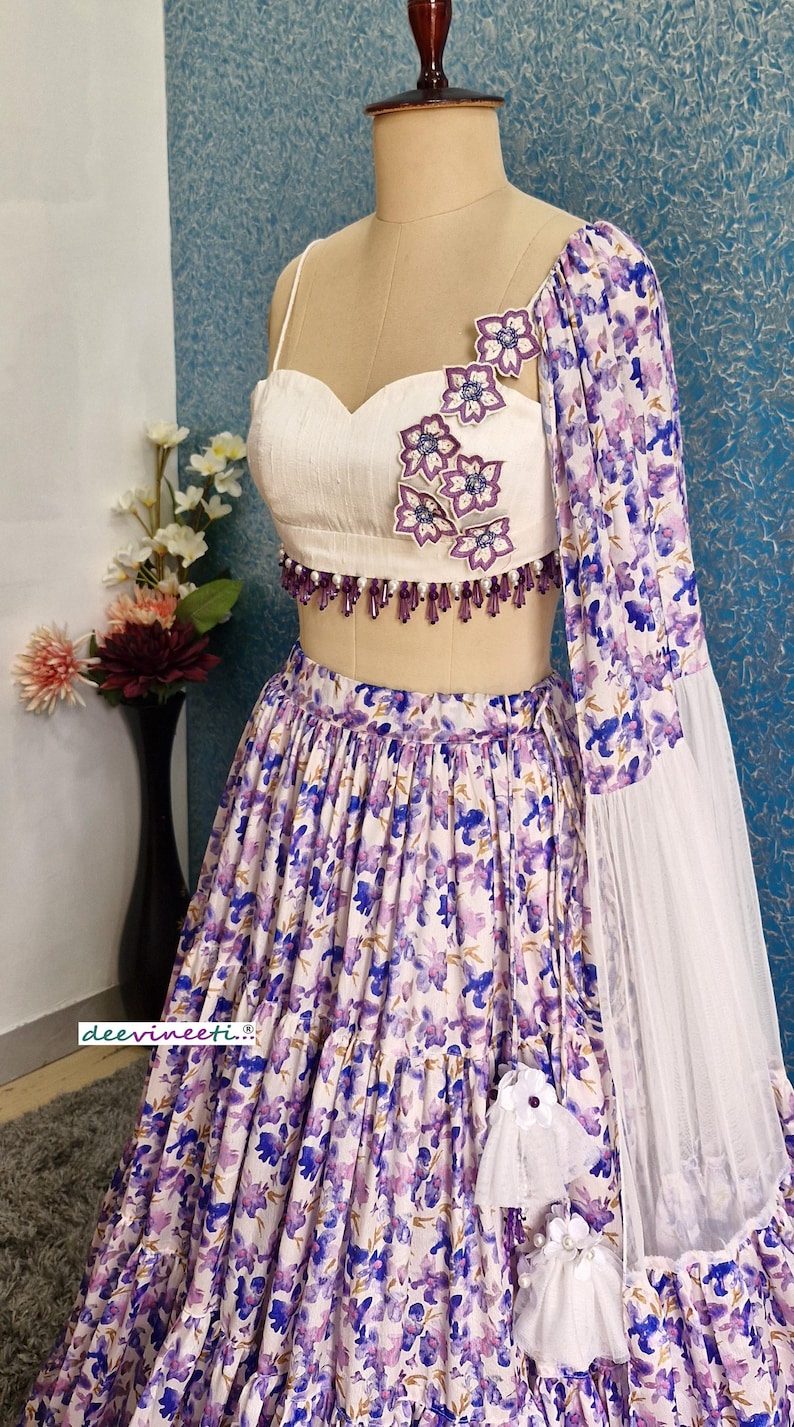 Lavender Tiered Floral Print Chinon Lehenga Choli DVMTD_0249