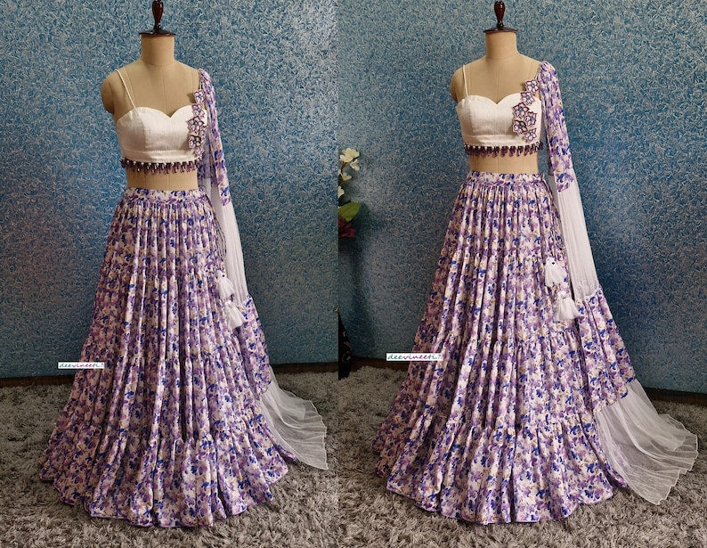 Lavender Tiered Floral Print Chinon Lehenga Choli DVMTD_0249