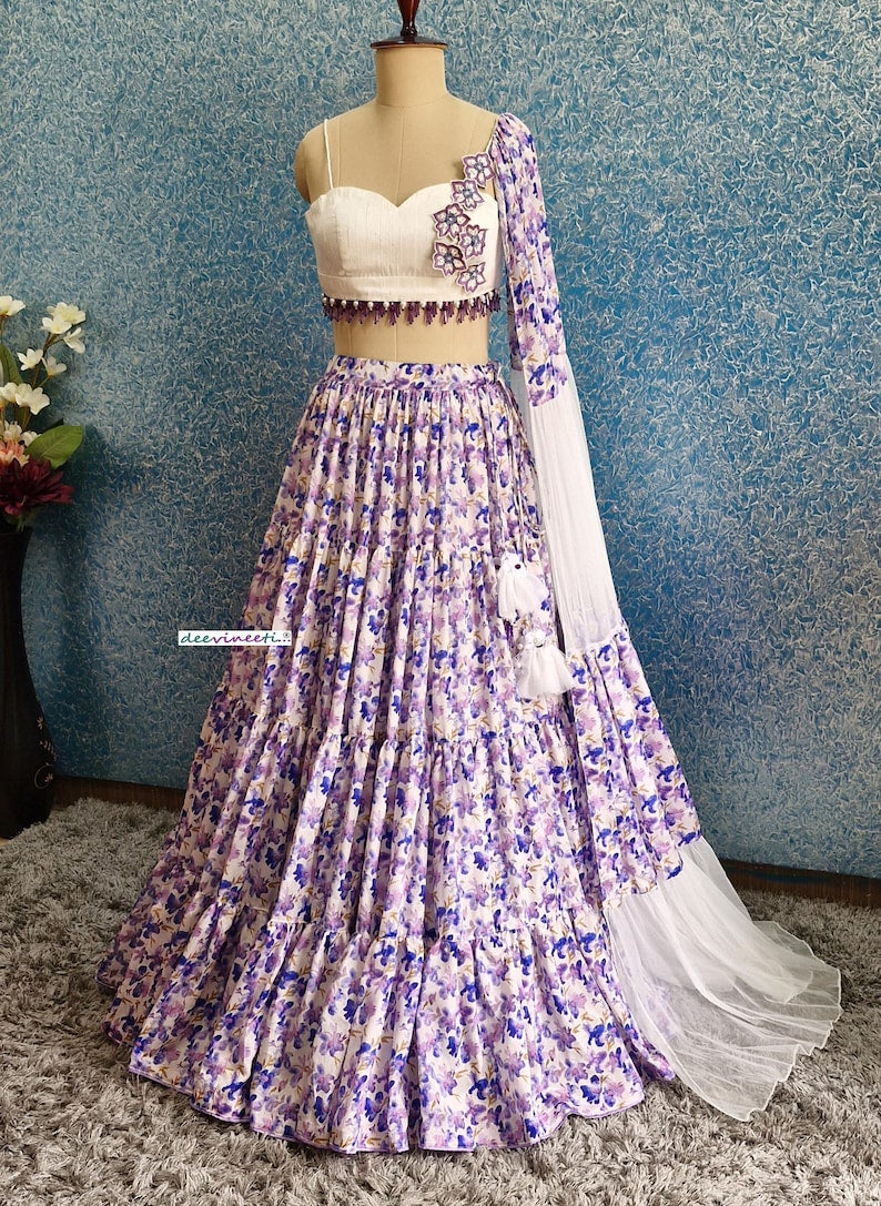 Lavender Tiered Floral Print Chinon Lehenga Choli DVMTD_0249