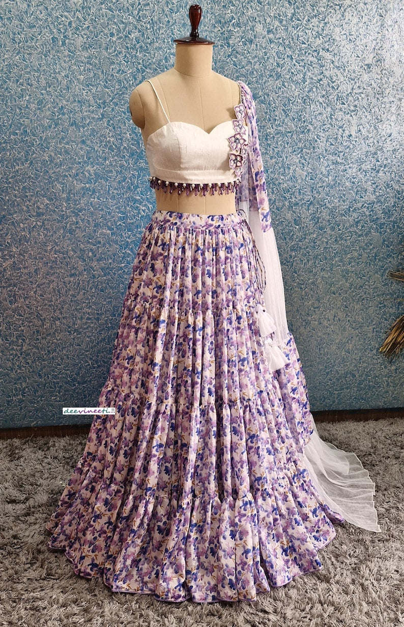 Lavender Tiered Floral Print Chinon Lehenga Choli DVMTD_0249