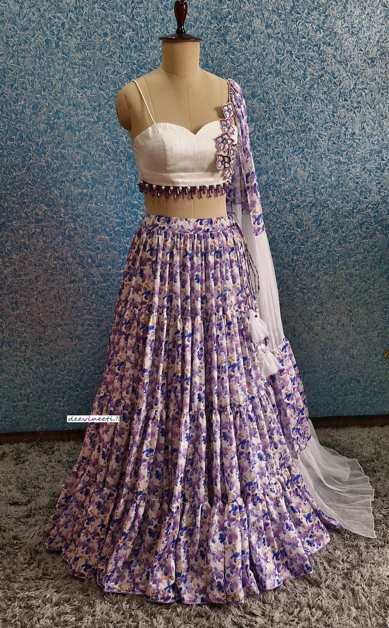 Lavender Tiered Floral Print Chinon Lehenga Choli DVMTD_0249
