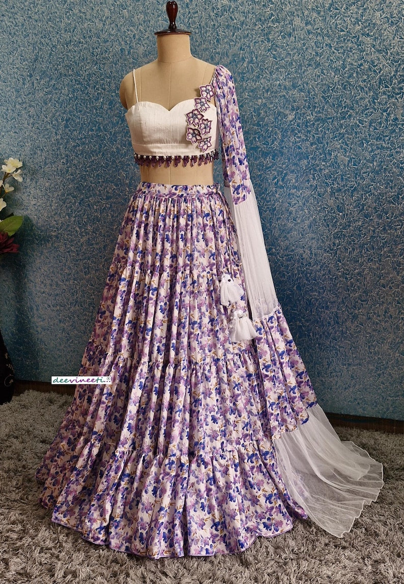 Lavender Tiered Floral Print Chinon Lehenga Choli DVMTD_0249