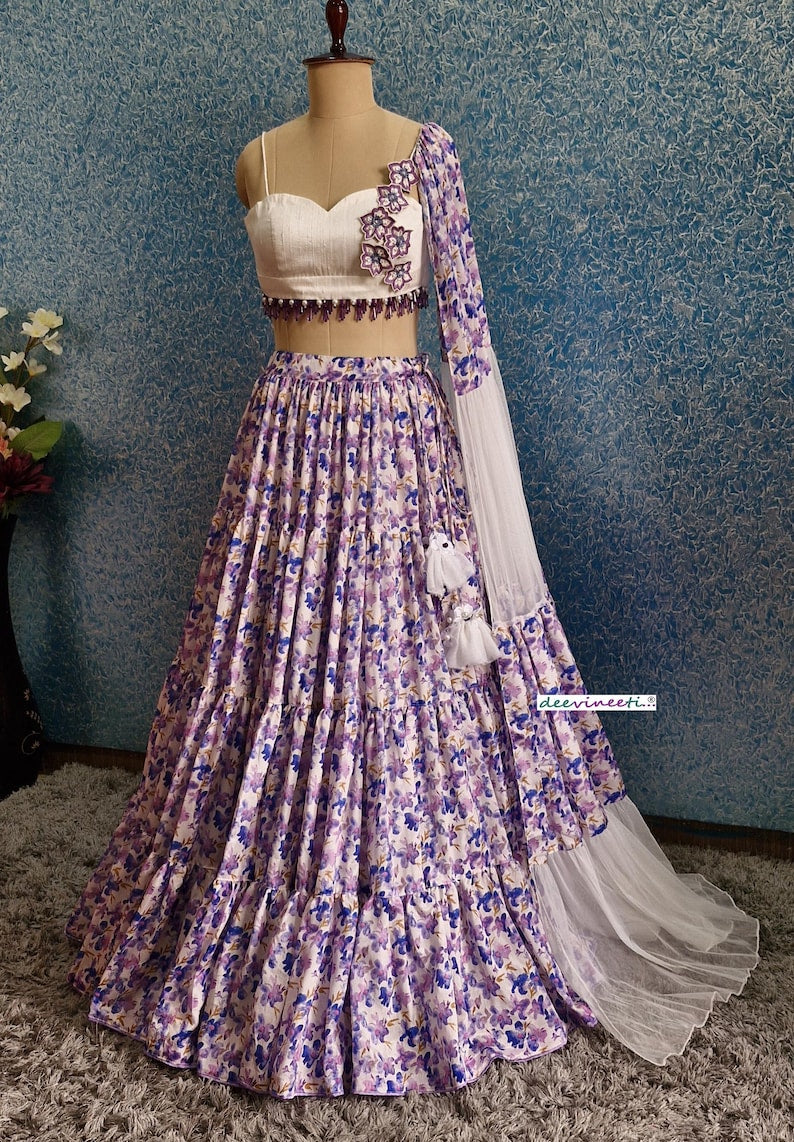 Lavender Tiered Floral Print Chinon Lehenga Choli DVMTD_0249