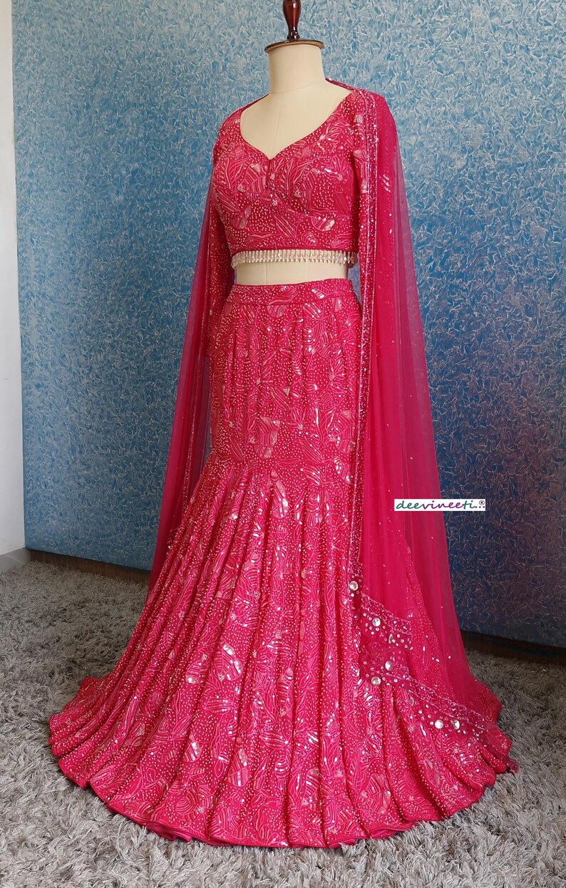 Hand Embroidered Hot Pink Mermaid Lehenga Choli DVMTD_0258