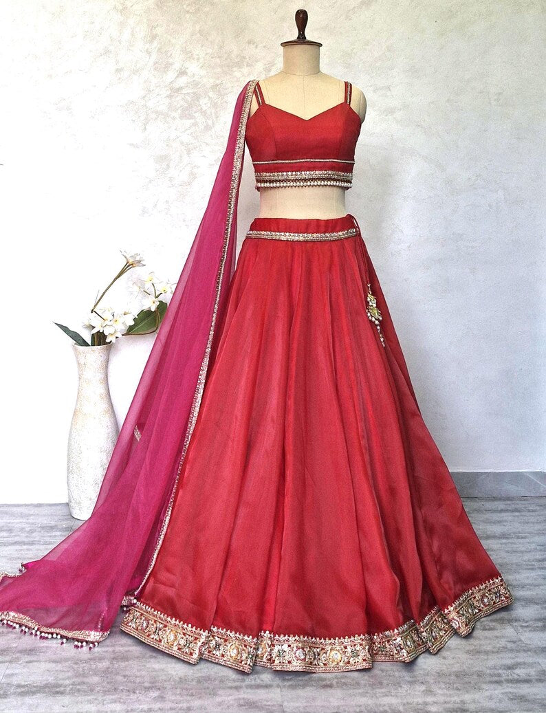 Red Embroidered Organza Lehenga Choli DVMTD_0262