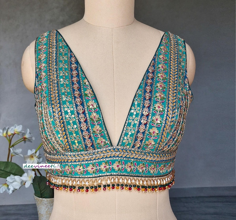 Green Embroidered Plunge Neckline Blouse DVBL_402