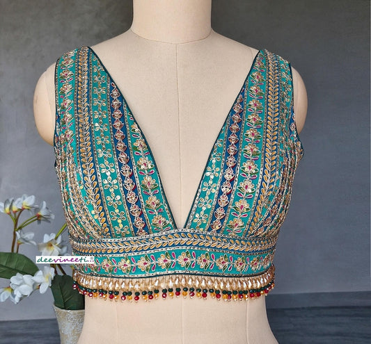 Green Embroidered Plunge Neckline Blouse DVBL_402