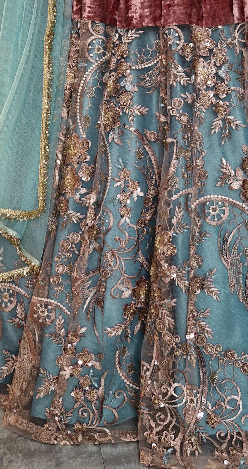 Mauve and Turquoise Embroidered Velvet Lehenga Choli DVMTD_0263