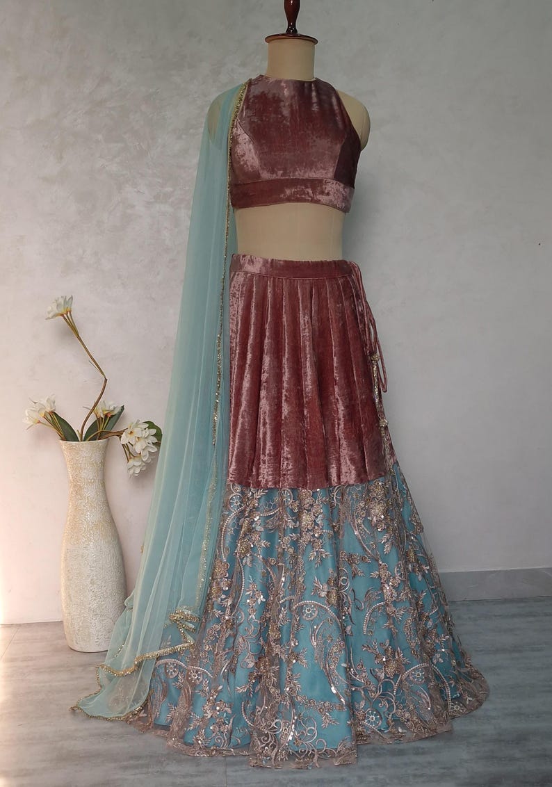 Mauve and Turquoise Embroidered Velvet Lehenga Choli DVMTD_0263