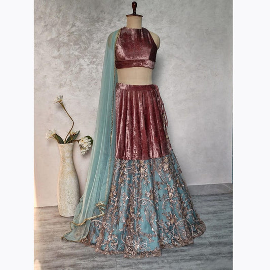 Mauve and Turquoise Embroidered Velvet Lehenga Choli DVMTD_0263