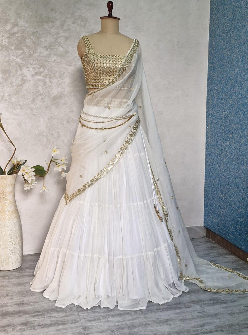Off white Georgette Tiered Lehenga Choli DVMTD_0264