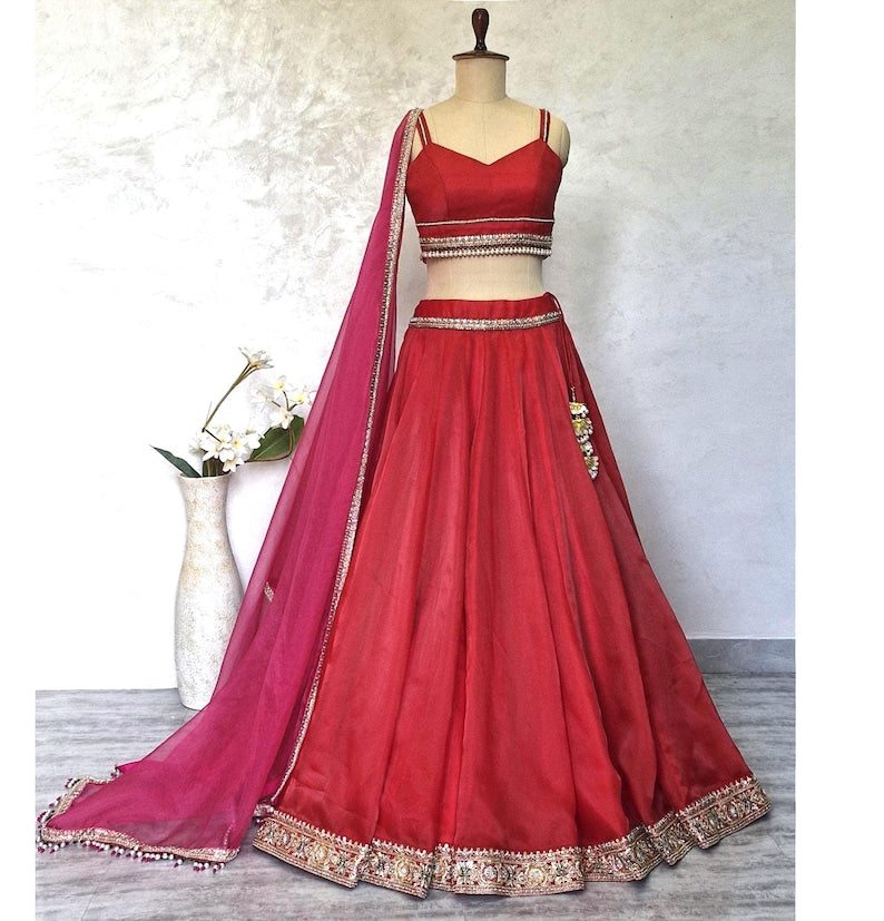 Red Embroidered Organza Lehenga Choli DVMTD_0262