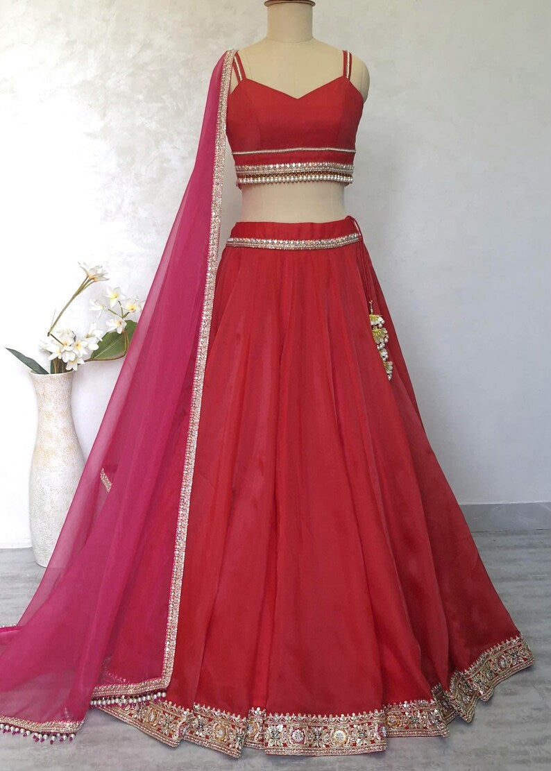 Red Embroidered Organza Lehenga Choli DVMTD_0262