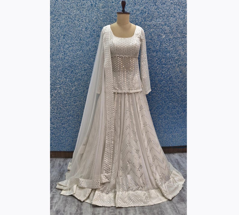 White Georgette Lehenga Choli with Faux Mirror Embroidery DVMTD_0265