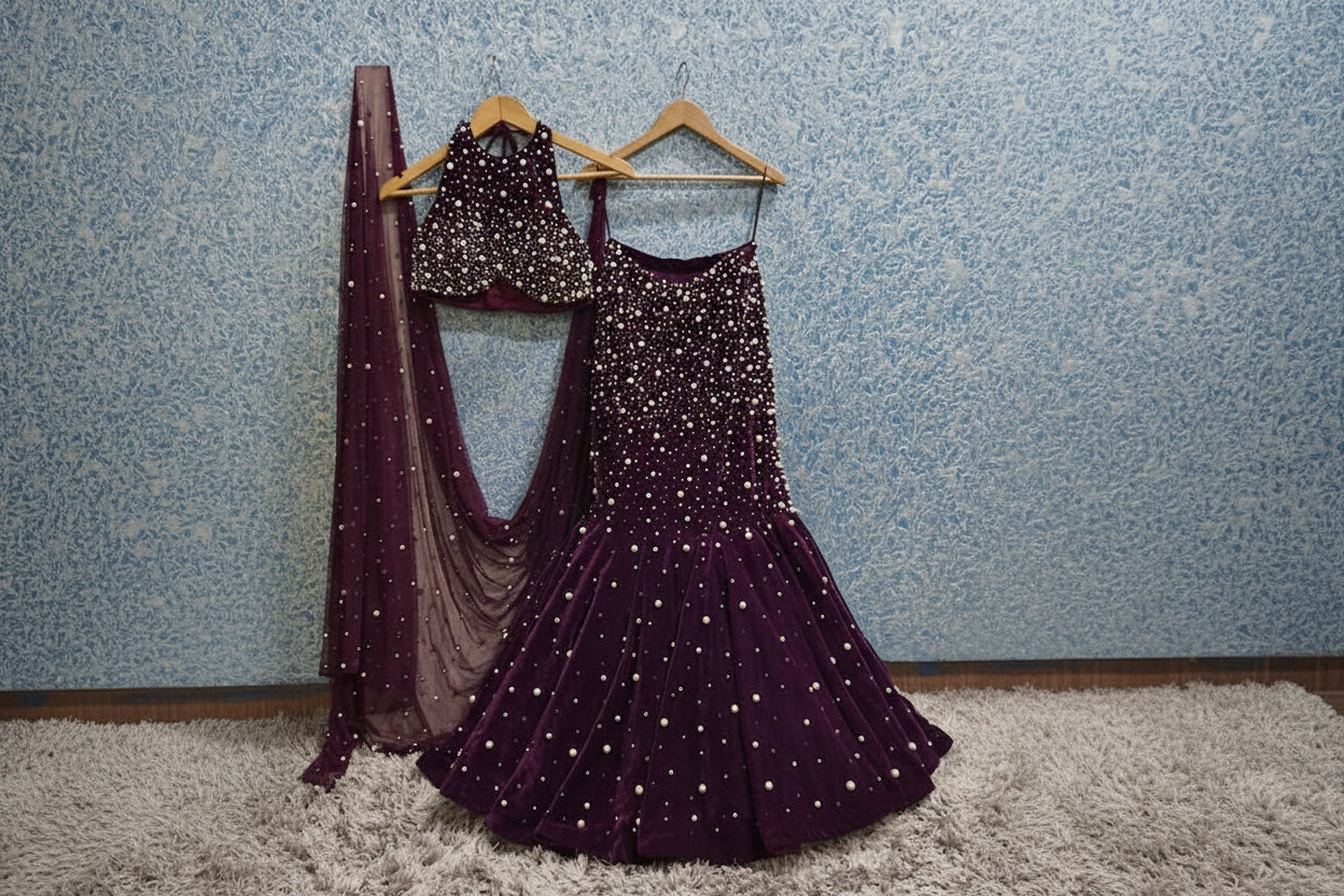 Hand Embroidered Purple Velvet Lehenga Choli DVMTD_0266