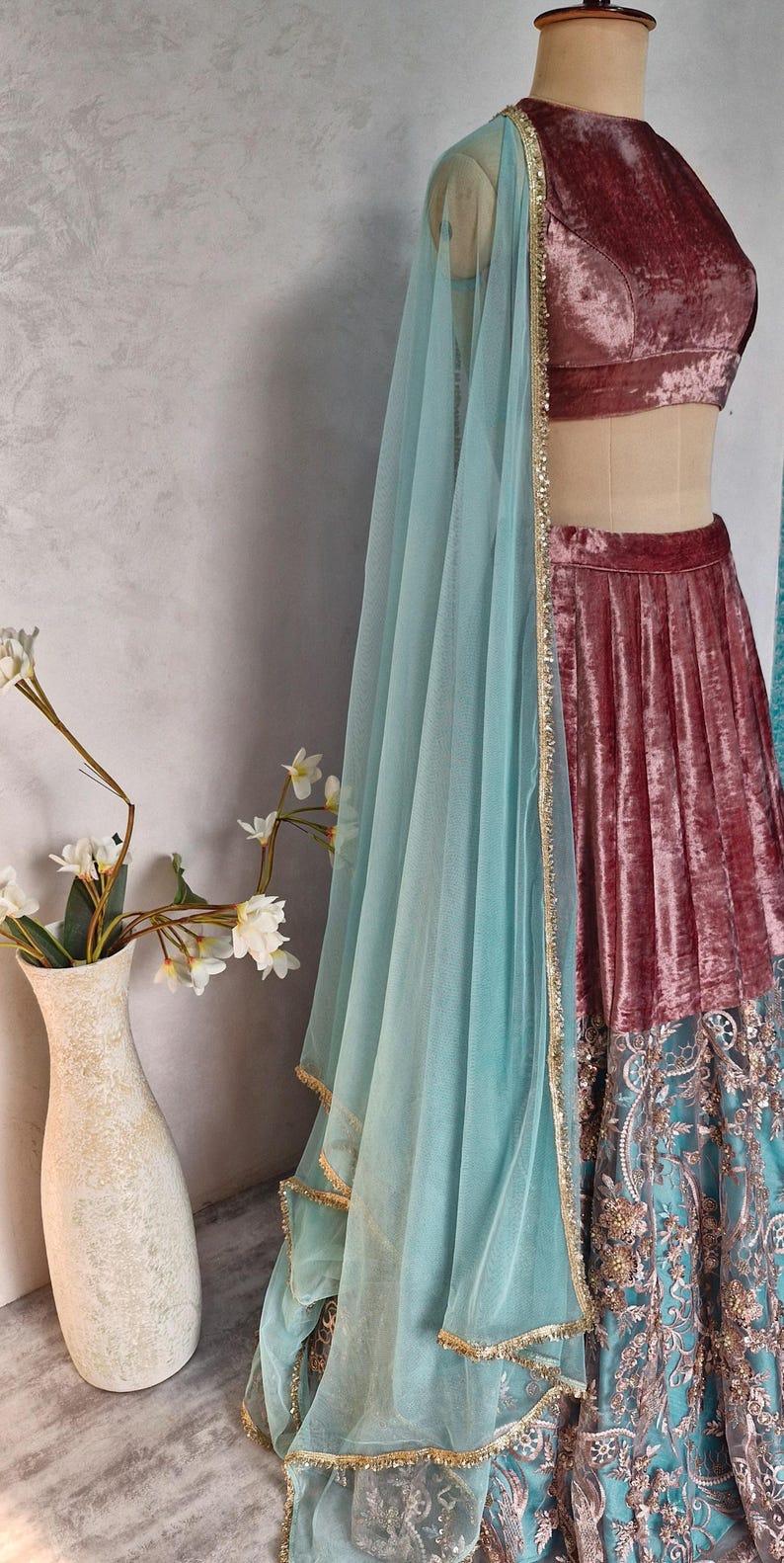 Mauve and Turquoise Embroidered Velvet Lehenga Choli DVMTD_0263