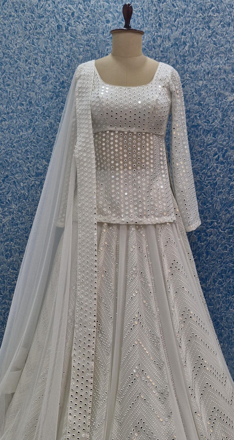 White Georgette Lehenga Choli with Faux Mirror Embroidery DVMTD_0265