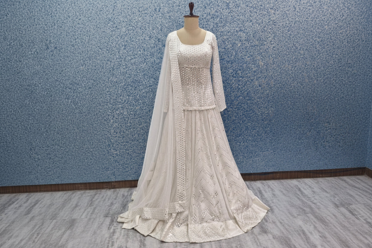 White Georgette Lehenga Choli with Faux Mirror Embroidery DVMTD_0265