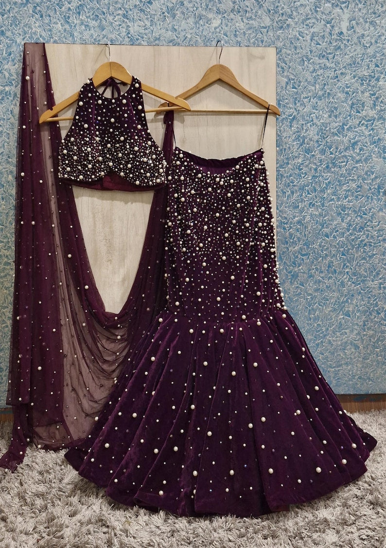 Hand Embroidered Purple Velvet Lehenga Choli DVMTD_0266
