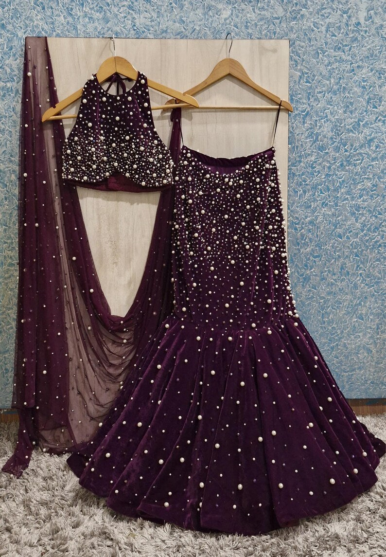 Hand Embroidered Purple Velvet Lehenga Choli DVMTD_0266