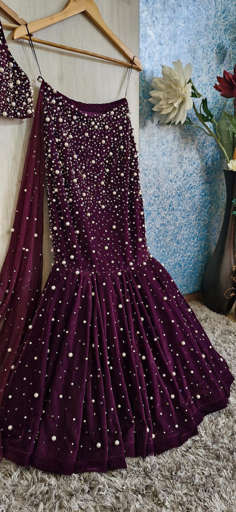 Hand Embroidered Purple Velvet Lehenga Choli DVMTD_0266