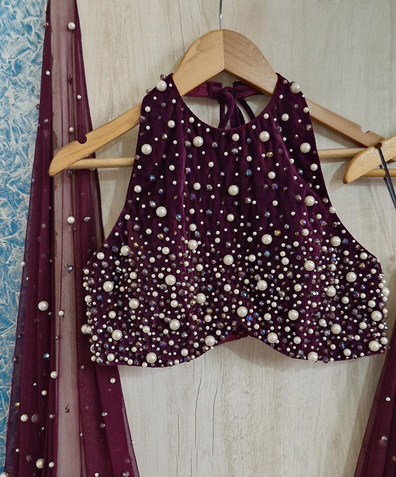 Hand Embroidered Purple Velvet Lehenga Choli DVMTD_0266