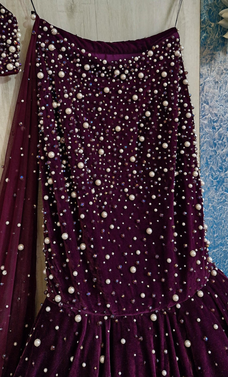 Hand Embroidered Purple Velvet Lehenga Choli DVMTD_0266