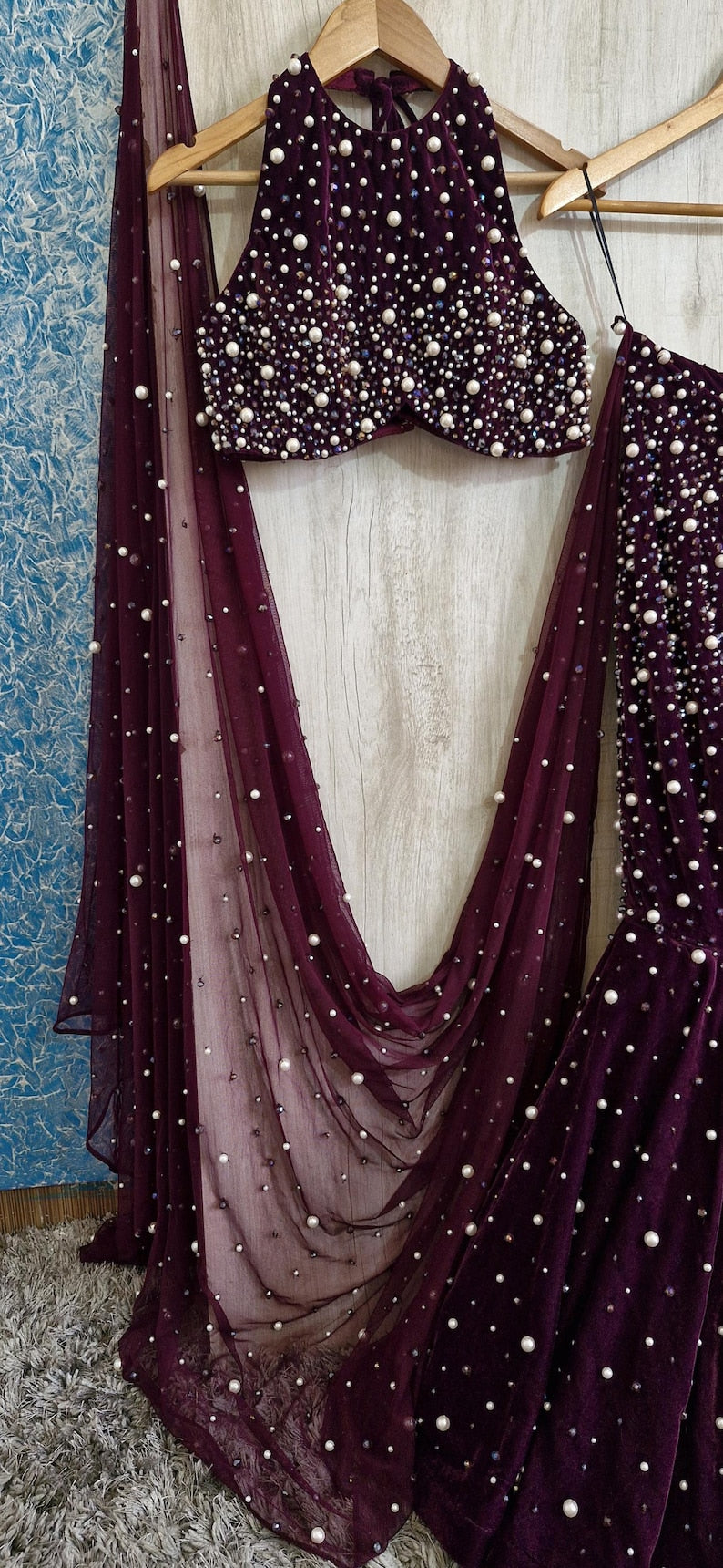 Hand Embroidered Purple Velvet Lehenga Choli DVMTD_0266