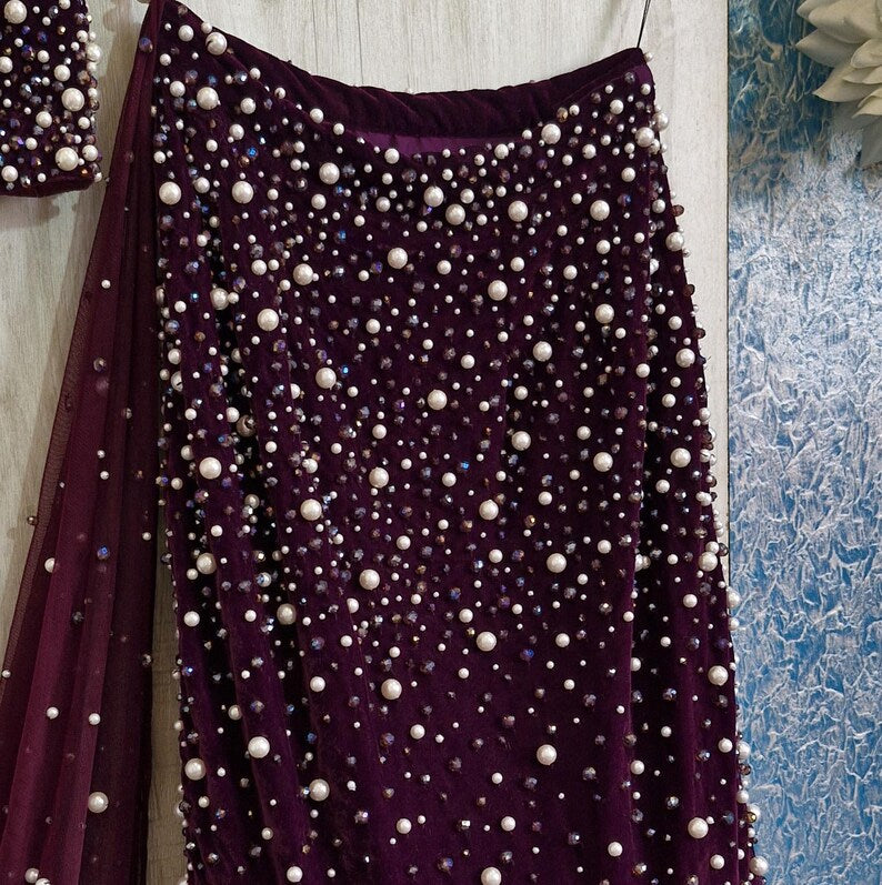 Hand Embroidered Purple Velvet Lehenga Choli DVMTD_0266