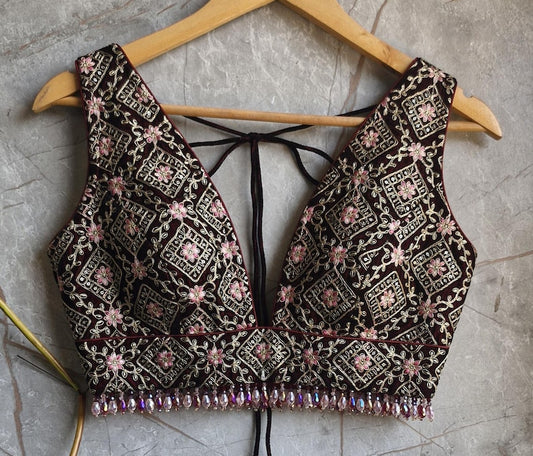 Maroon Embroidered Velvet Plunge Neckline Blouse DVBL_424