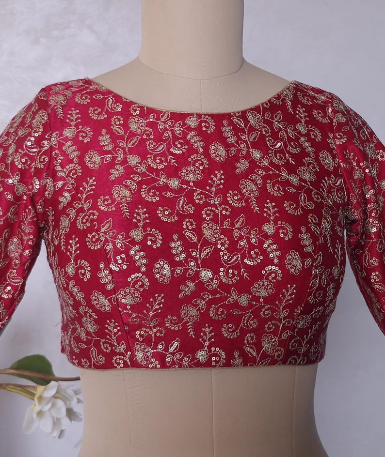 Deep Rani Pink Embroidered Gajji Silk Boat Neck Blouse DVBL_426