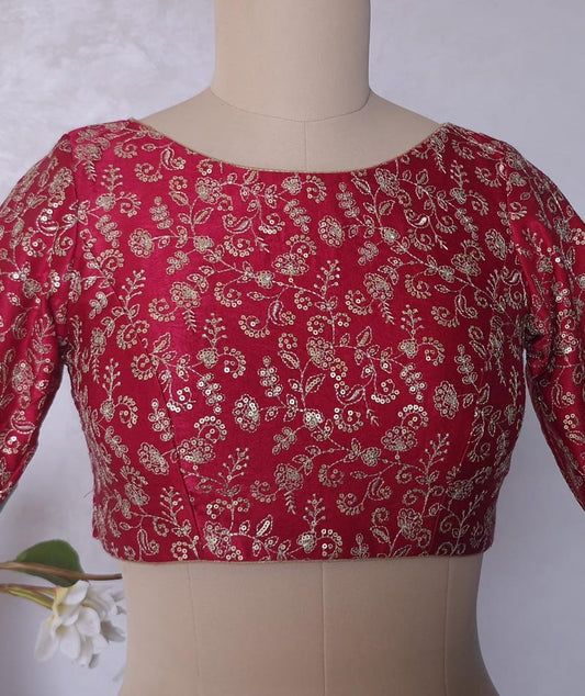 Deep Rani Pink Embroidered Gajji Silk Boat Neck Blouse DVBL_426