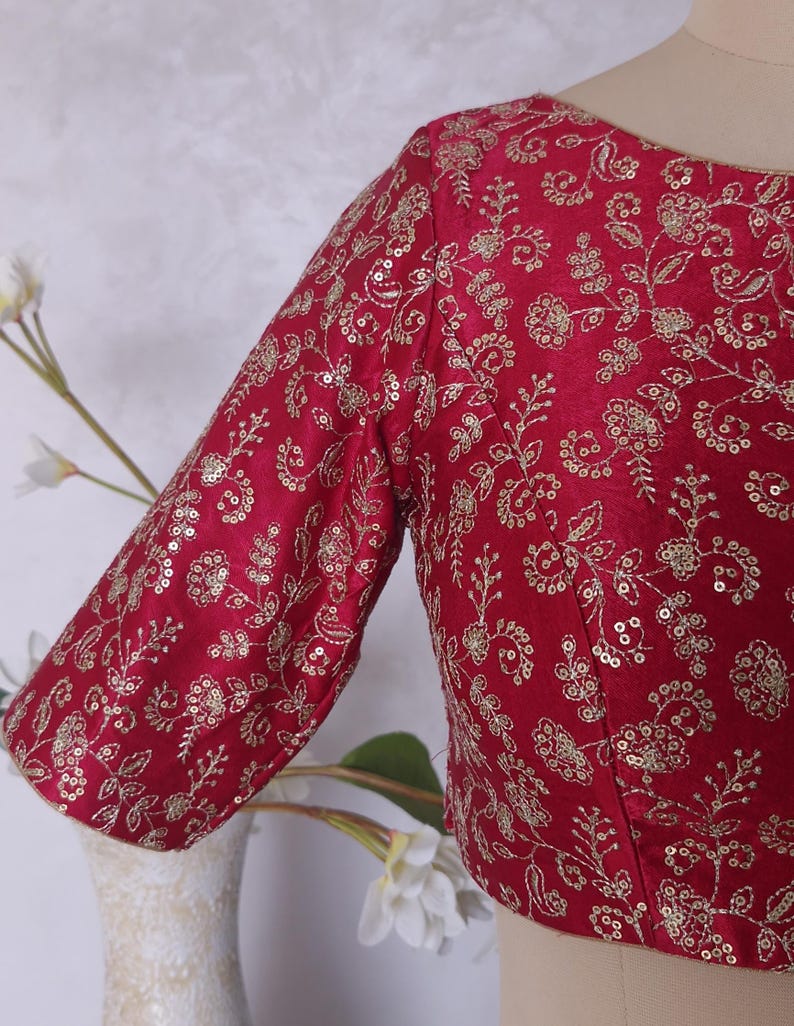 Deep Rani Pink Embroidered Gajji Silk Boat Neck Blouse DVBL_426