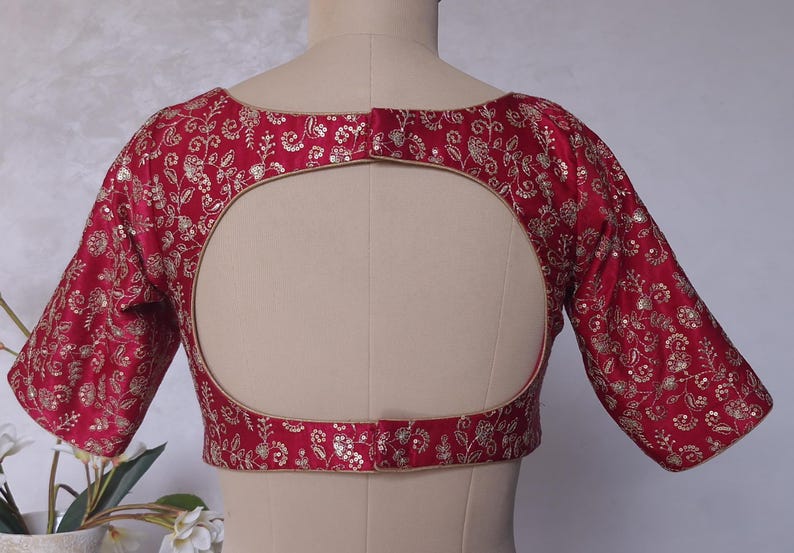 Deep Rani Pink Embroidered Gajji Silk Boat Neck Blouse DVBL_426