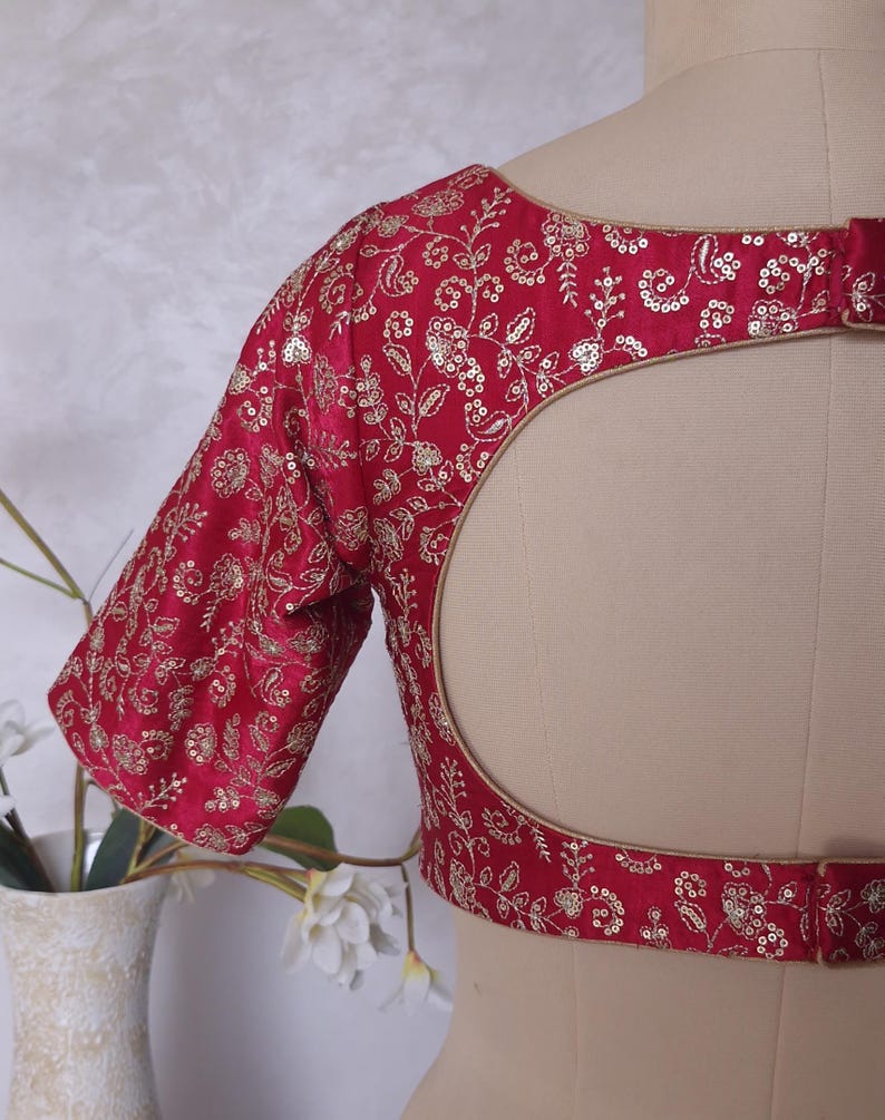 Deep Rani Pink Embroidered Gajji Silk Boat Neck Blouse DVBL_426